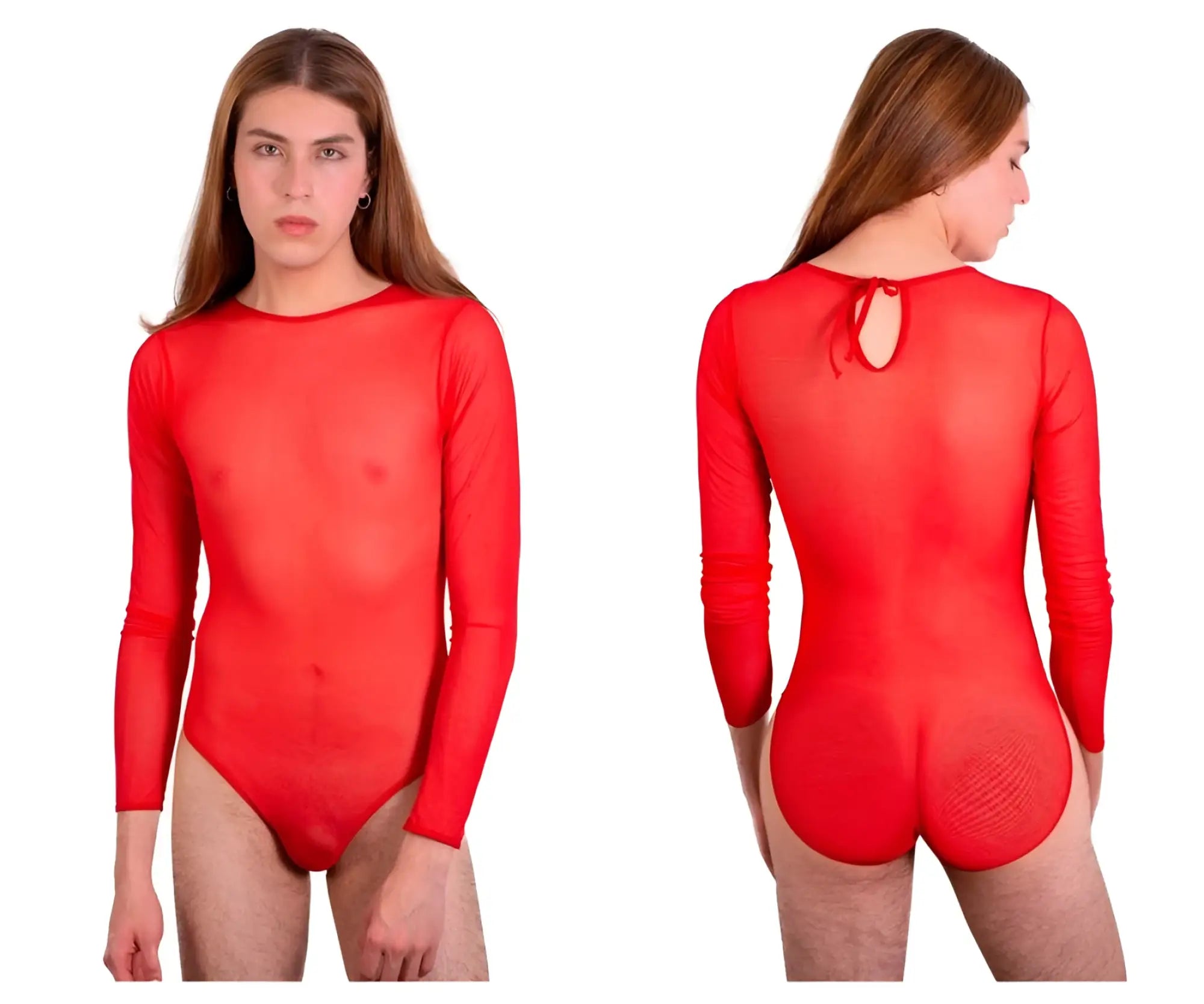 Red sheer long-sleeved bodysuit plural pl001 with back tie and textured paneling shown from the back side
