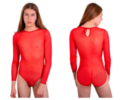 Red sheer long-sleeved bodysuit plural pl001 with back tie and textured paneling shown from the back side