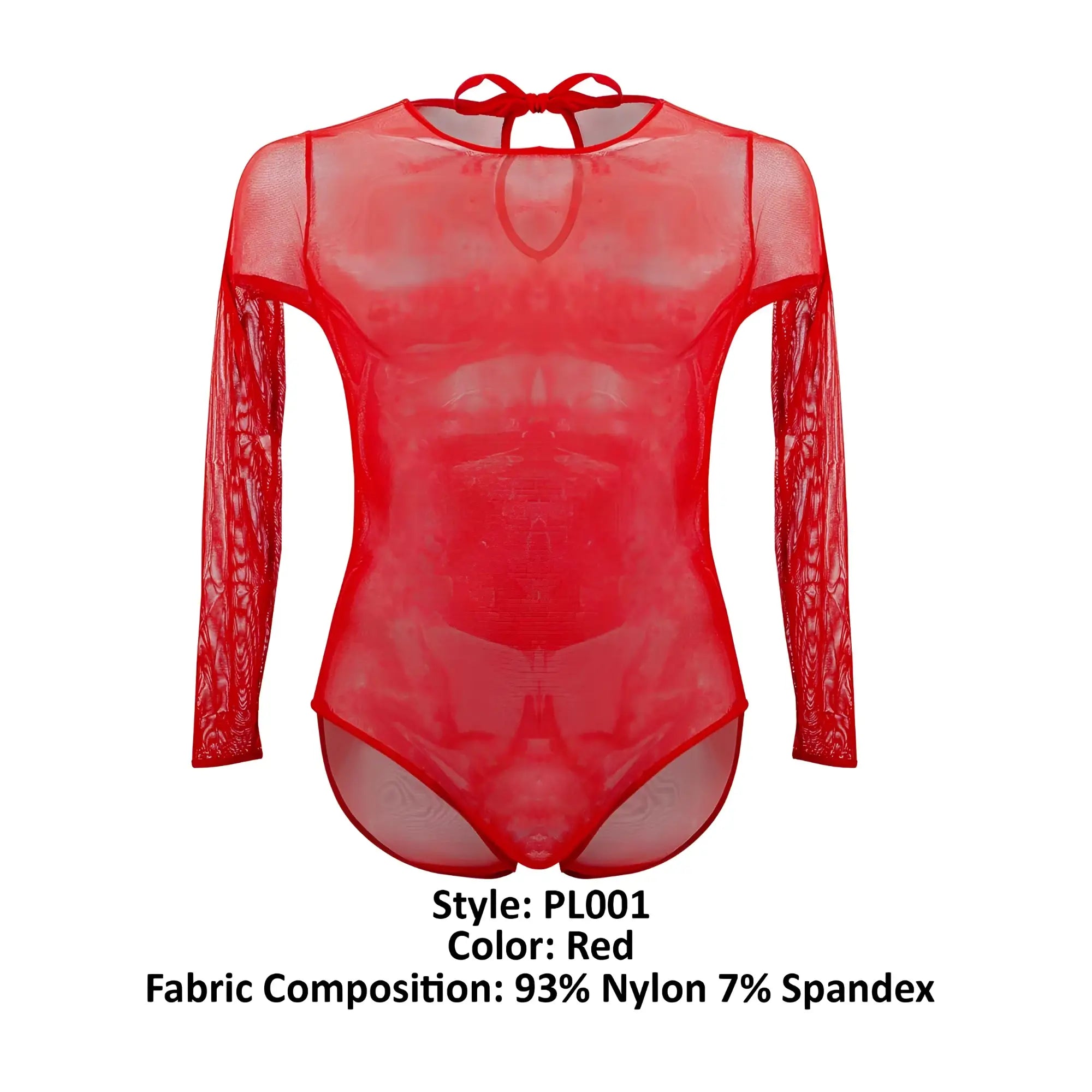 Red sheer long-sleeved bodysuit plural pl001 with mesh fabric and back tie shown from the back side