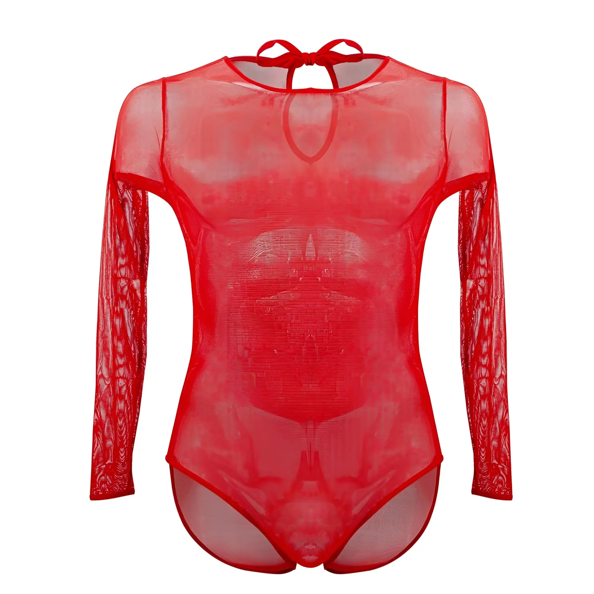 Red sheer mesh bodysuit plular pl001 with long sleeves and tie-back neckline shown from the back side