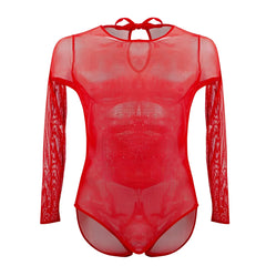 Red sheer mesh bodysuit plular pl001 with long sleeves and tie-back neckline shown from the back side