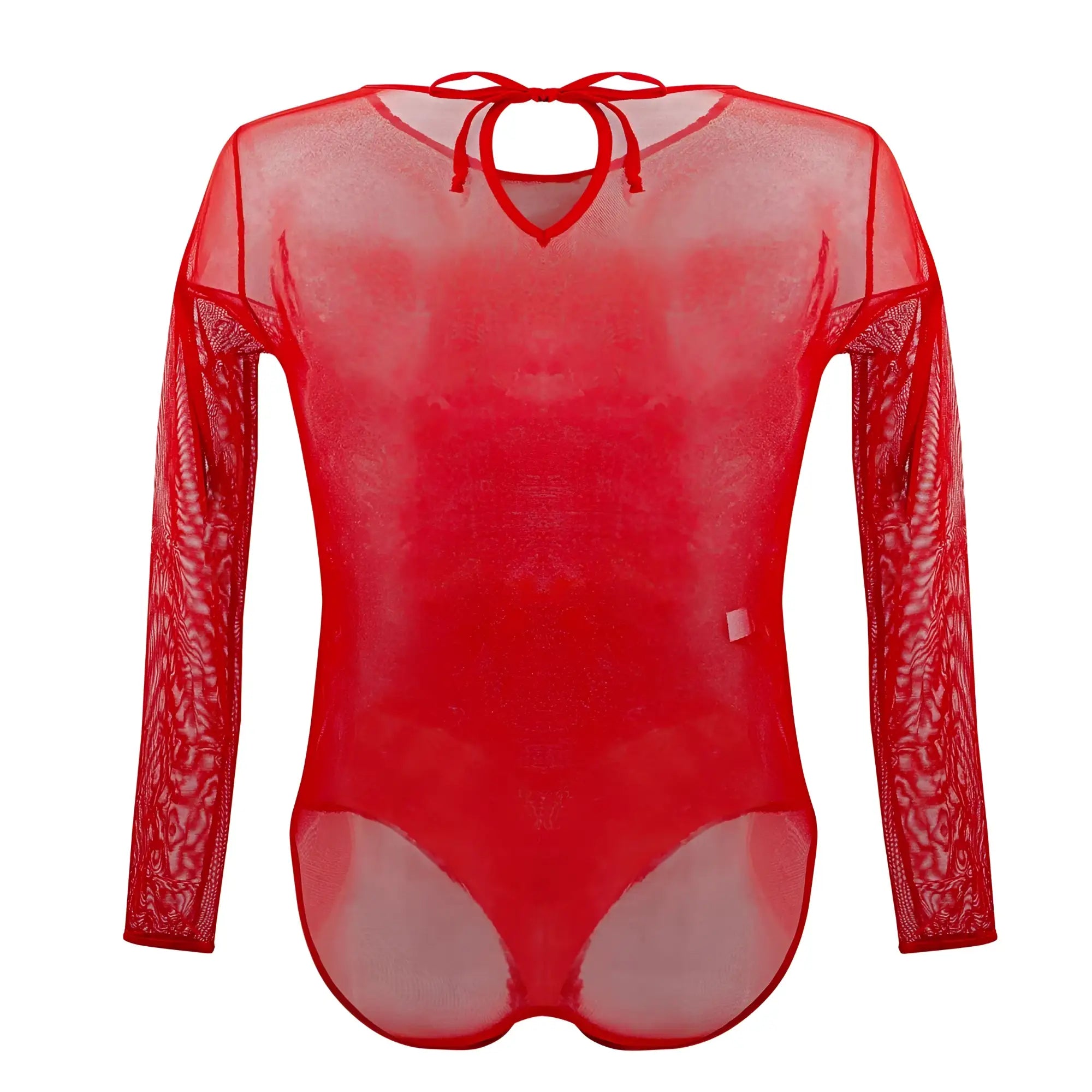 Red sheer mesh long-sleeved bodysuit plural pl001 with tie-back neckline and patterned sleeve detailing shown from back
