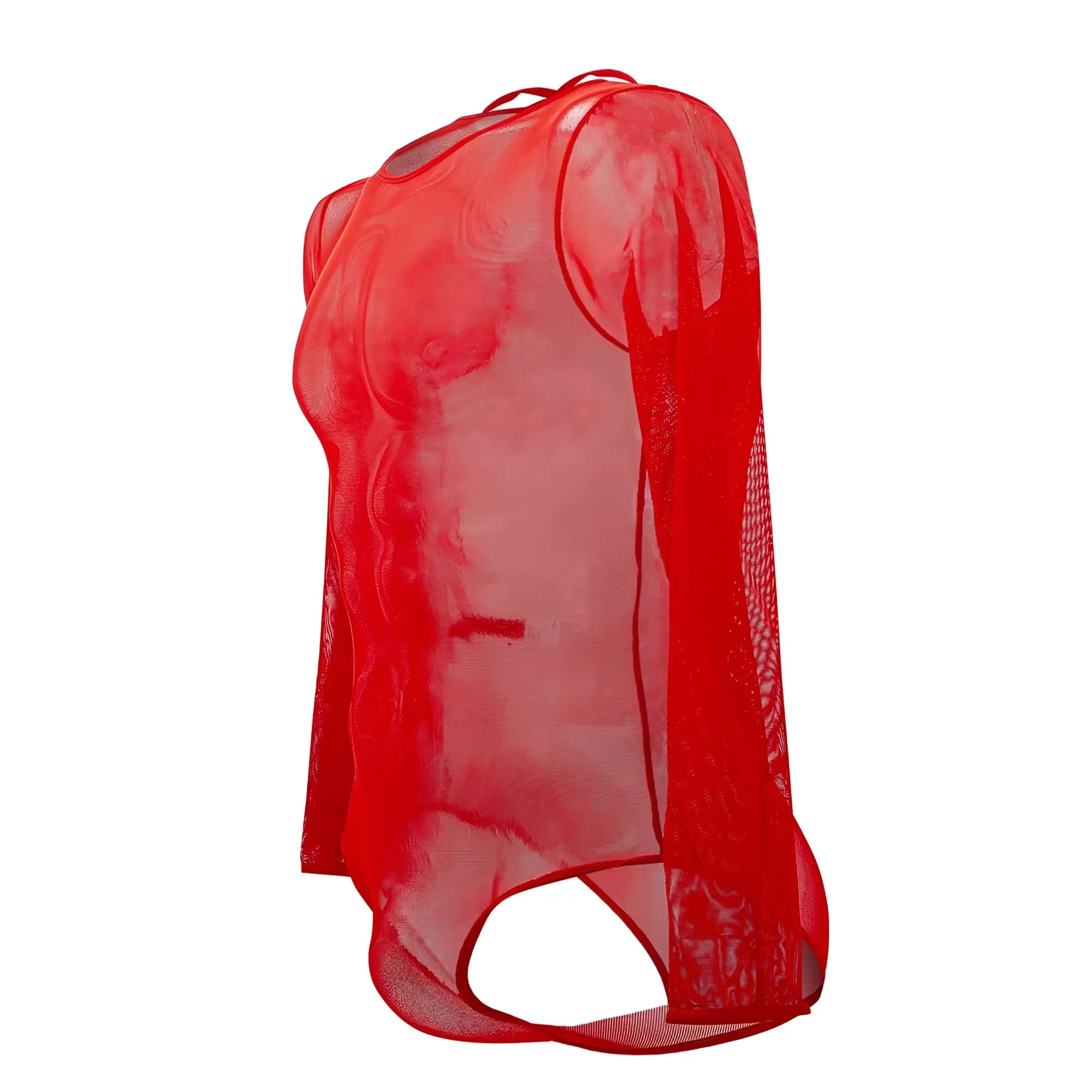 Red sheer mesh bodysuit PLURAL PL001 with long sleeves and a cut-out back shown from the back side