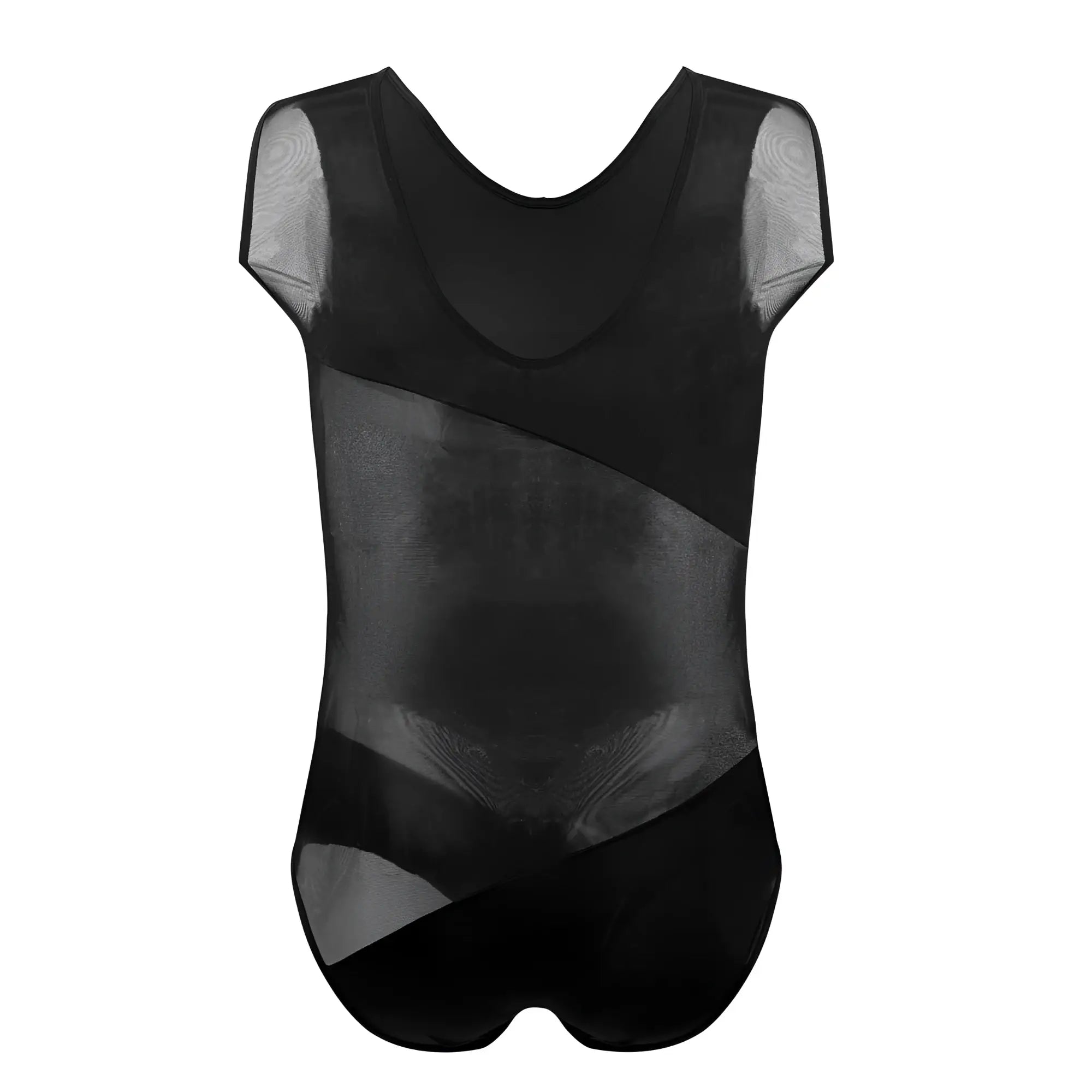 Black mesh PLURAL PL002 bodysuit with sheer panels and v-neckline in black for stylish dance or performance wear