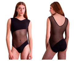Black one-piece PLURAL PL002 bodysuit with sheer mesh panels and scoop neckline in a sleek leotard design
