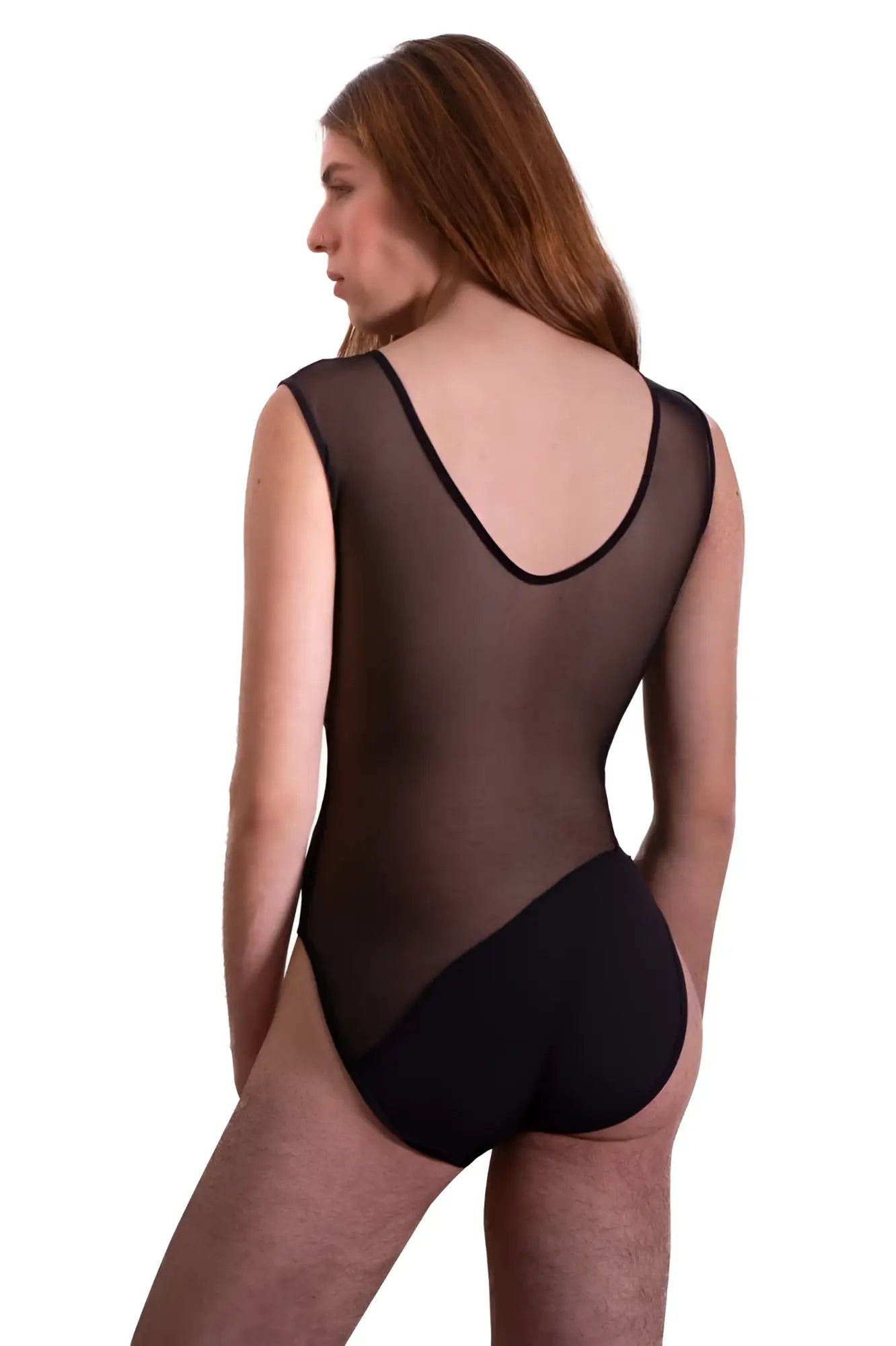 Back view of plural pl002 bodysuit in black featuring a sheer mesh leotard with a solid black lower back panel