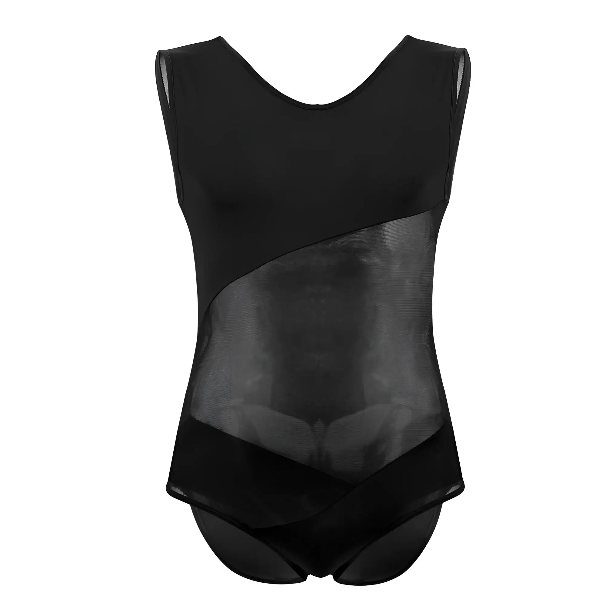Black plural pl002 sleeveless bodysuit with sheer mesh panel across the torso in a sleek leotard design