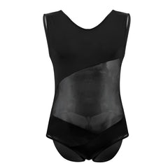 Black plural pl002 sleeveless bodysuit with sheer mesh panel across the torso in a sleek leotard design
