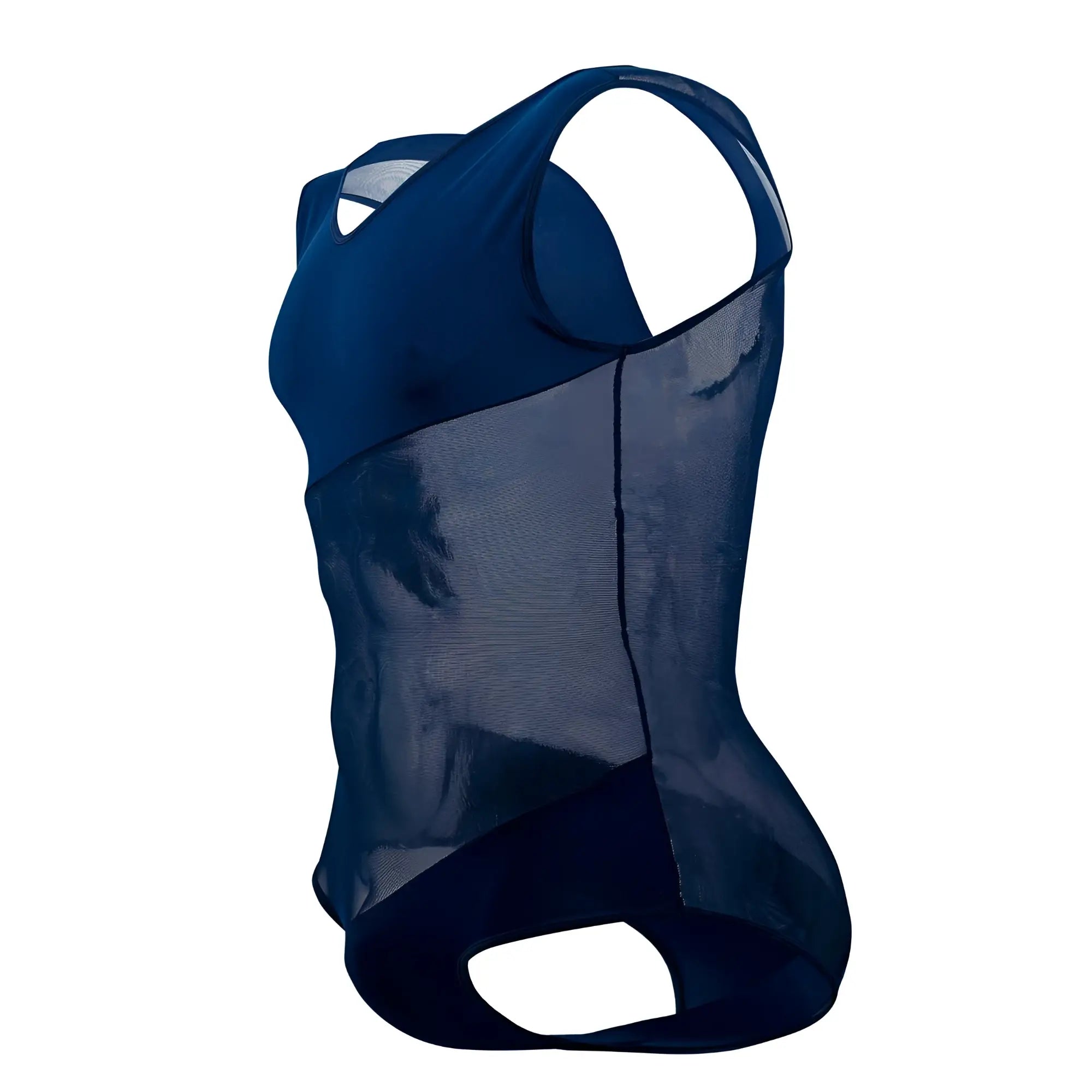 Plural pl002 bodysuit in blue showing the back with mesh and solid fabric and a cut-out design