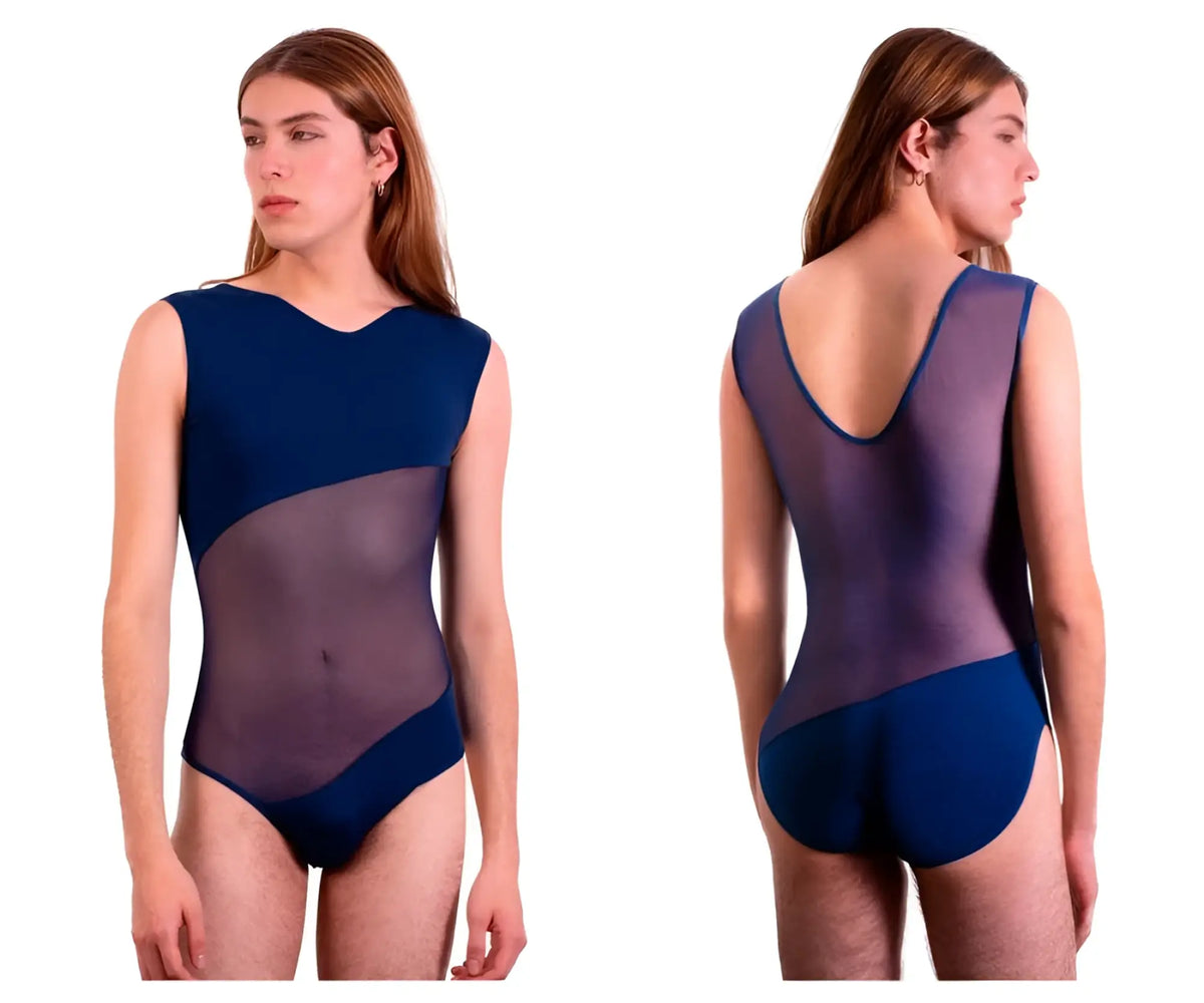 Plural PL002 bodysuit in blue with navy and sheer purple two-tone fabric v-neckline back cutout seamless design