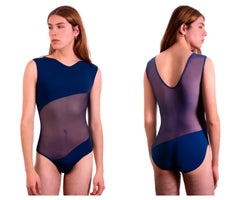 Plural PL002 bodysuit in blue with navy and sheer purple two-tone fabric v-neckline back cutout seamless design