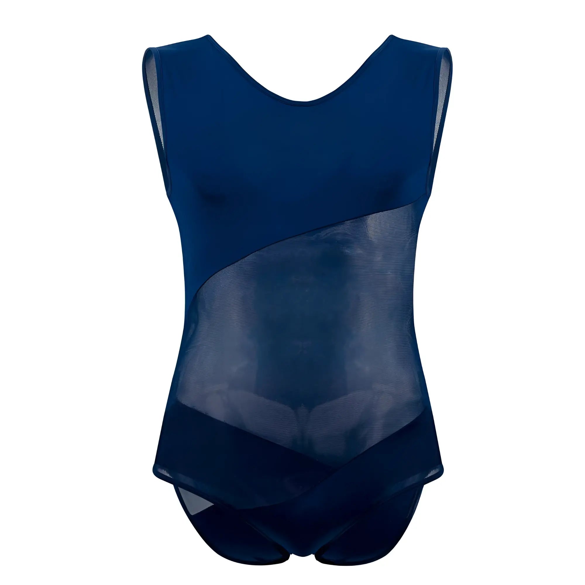 A navy blue plura pl002 sleeveless bodysuit with a sheer mesh panel across the torso made of lightweight fabric