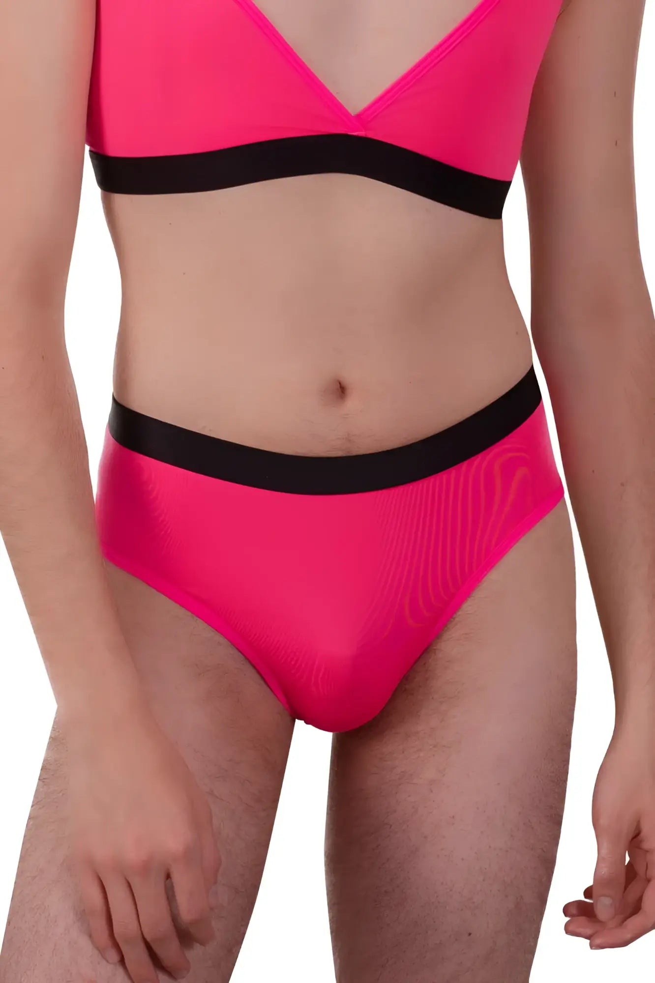Bright pink plural pl004 briefs with black elastic waistband and subtle textured pattern shown from the back side
