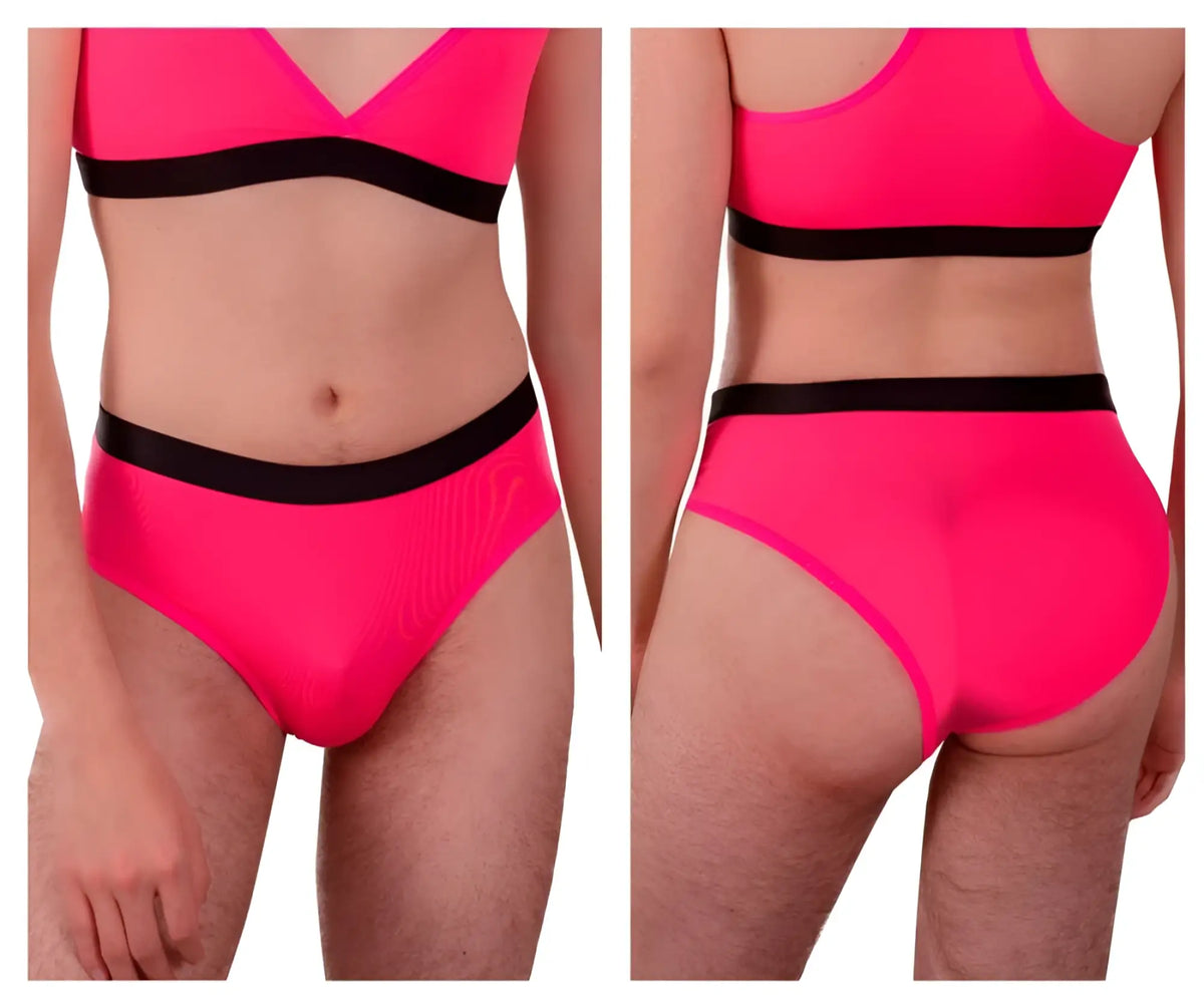 Bright pink plural pl004 high-waisted bikini briefs with black elastic bands front view