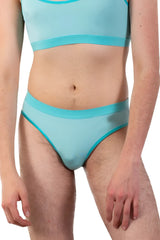 Light blue sheer mesh bikini bottom with turquoise trim in plural pl006 briefs color mint green shown from front