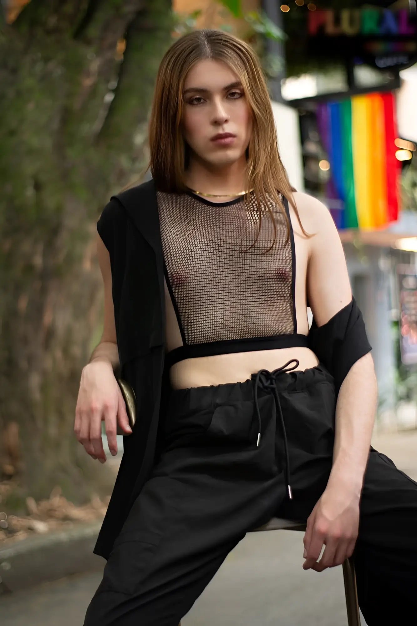 Black plural pl007 crop top featuring a fitted design with sheer black mesh fabric for a stylish look