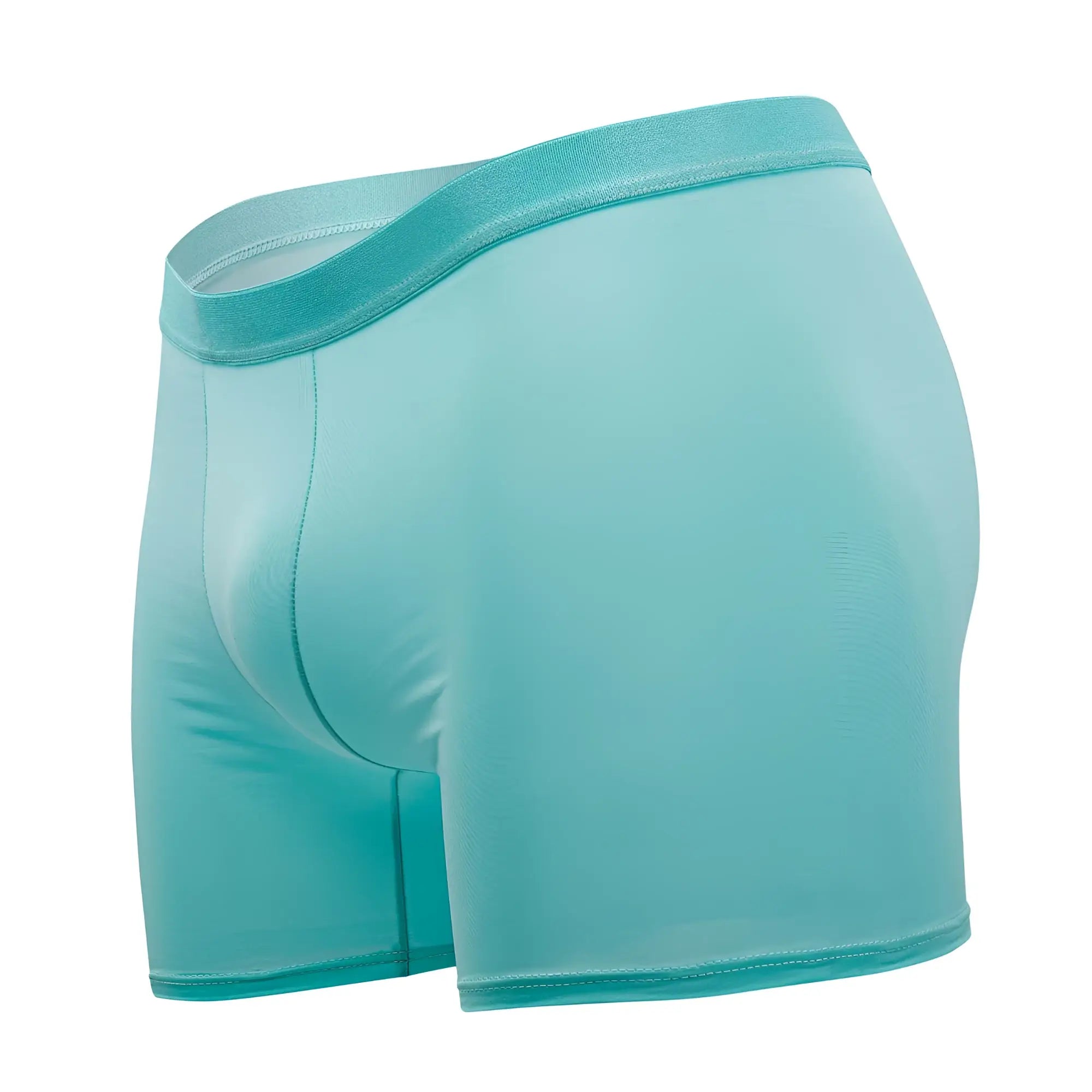A pair of teal-colored plural pl008 trunks with smooth fabric and elastic waistband in form-fitting boxer brief style