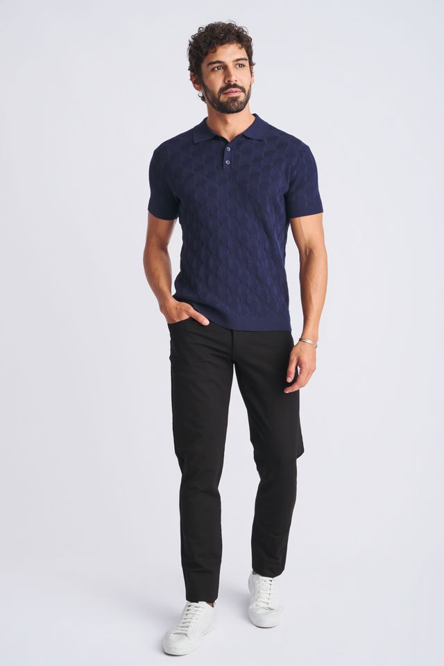 Navy blue short-sleeved textured stripes silk and tencel polo shirt with classic collar and buttoned placket