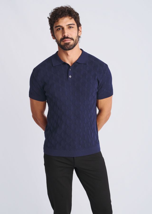 Navy blue textured stripes silk tencel polo shirt with knit fabric for comfortable casual wear