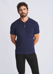 Navy blue textured stripes silk tencel polo shirt with knit fabric for comfortable casual wear