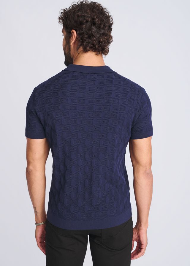 Navy blue cable-knit polo shirt with textured stripes made of silk and tencel for a stylish casual look