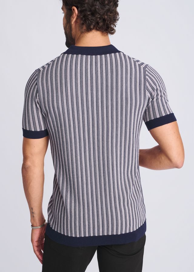Navy and gray vertically striped short-sleeve polo shirt with ribbed collar made of silk and tencel