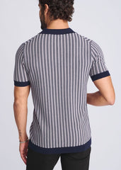Navy and gray vertically striped short-sleeve polo shirt with ribbed collar made of silk and tencel