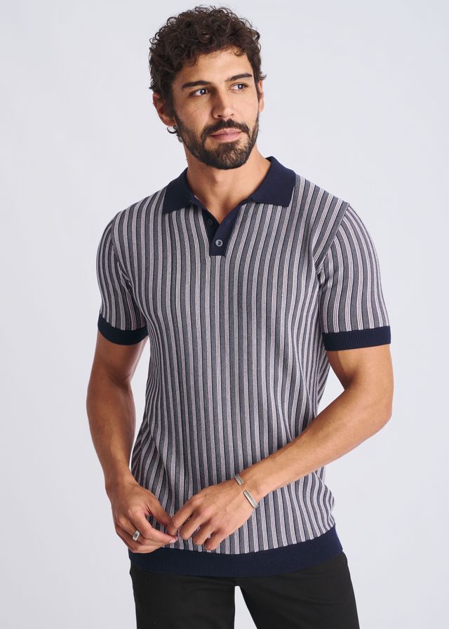 A men’s short-sleeved textured stripes silk tencel polo shirt with vertical gray and white stripes and navy collar and cuffs