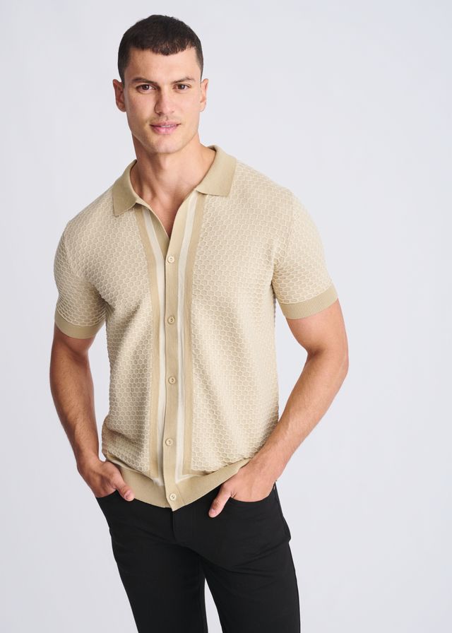 Beige short-sleeved honeycomb textured knit polo shirt with matching collar and button front design