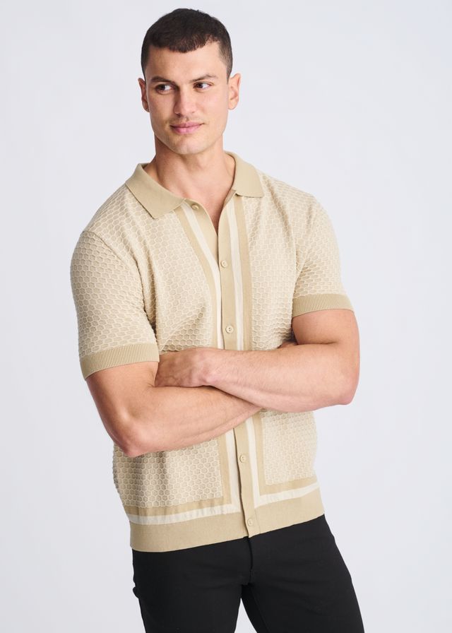 Beige honeycomb textured button front knit shirt with subtle vertical stripes and ribbed cuffs in knit fabric