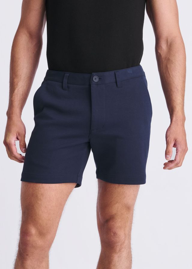 Navy blue textured stretch knit chino shorts with button closure and belt loops for casual wear