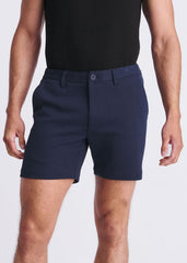Navy blue textured stretch knit chino shorts with button closure and belt loops for casual wear