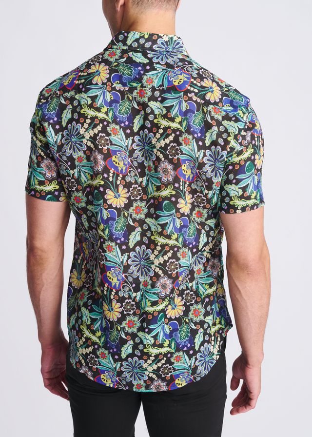 Floral lightweight linen tencel short-sleeve shirt with vibrant blue green yellow and purple floral pattern on black