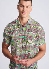 A vibrant short-sleeved button-up swirls lightweight cotton silk shirt with green pink and white psychedelic patterns