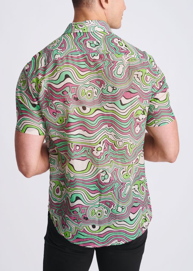 A lightweight cotton silk short-sleeved shirt with a vibrant green pink and white psychedelic swirling pattern