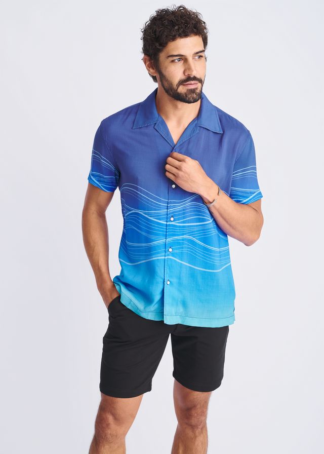 Blue gradient short-sleeved modal shirt with white wavy line pattern waves border print design