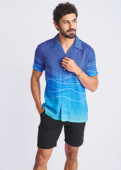 Blue gradient short-sleeved modal shirt with white wavy line pattern waves border print design