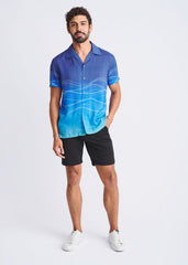 Blue gradient short-sleeved modal shirt with white wavy line pattern waves border print design
