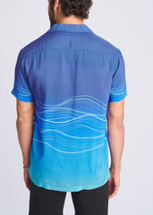 Blue gradient short-sleeved modal shirt with white wavy line pattern waves border print design