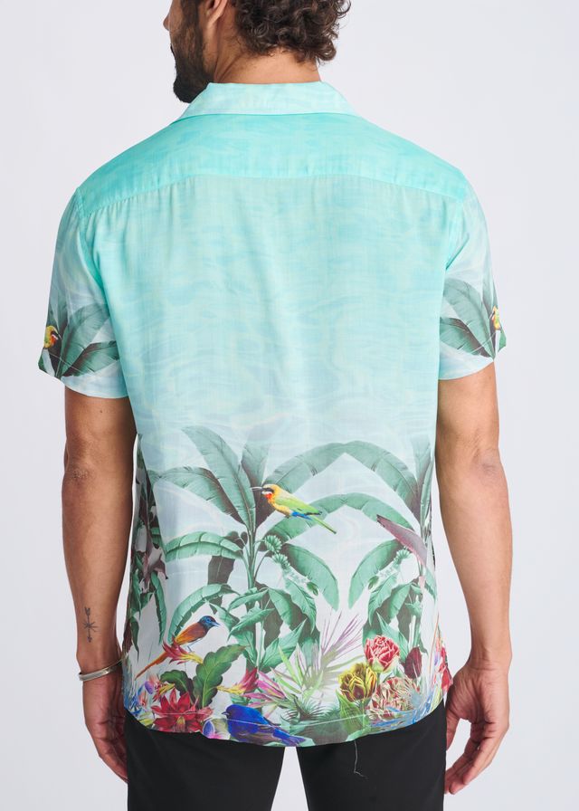 Tropics border print short-sleeved modal shirt in mint green with colorful birds and lush foliage, classic collar, relaxed fit