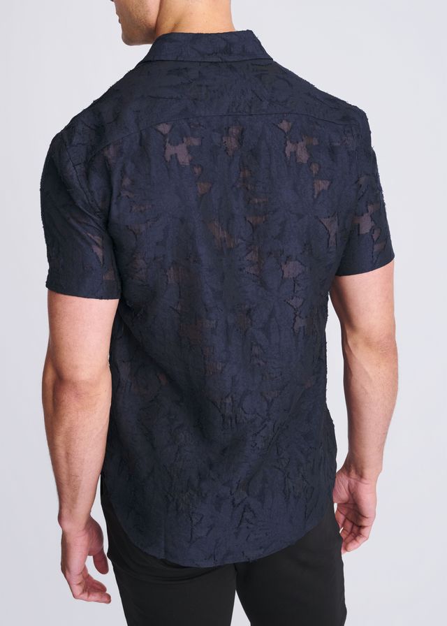 Dark navy lightweight jacquard short-sleeved shirt with a subtle textured pattern perfect for warm weather wear