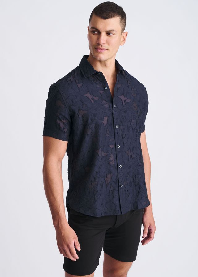 Lightweight jaquard short-sleeved button-up shirt in dark navy with a subtle textured star pattern
