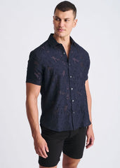 Lightweight jaquard short-sleeved button-up shirt in dark navy with a subtle textured star pattern