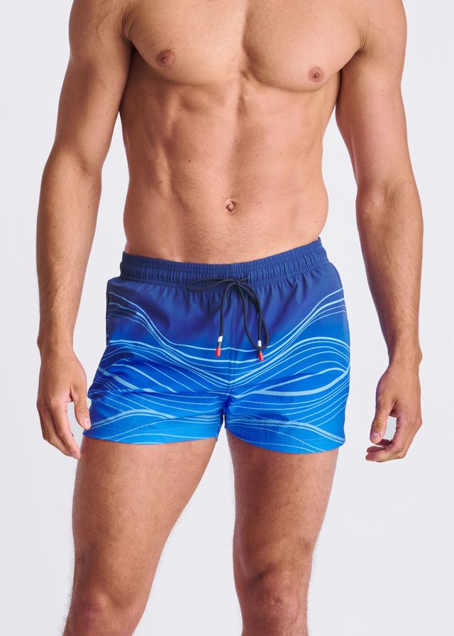 Blue swim shorts with white wavy print black drawstring ties and mesh lining for comfortable beachwear