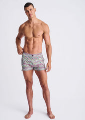 Men’s swirls print seersucker swim shorts with mesh lining in pastel pink purple green swirl pattern on light gray base