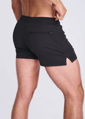 Black seersucker swim shorts with mesh lining showing zippered back pocket and side slit on the back side