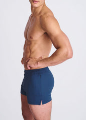 Navy blue ribbed riviera seersucker swim shorts with mesh lining side zipper and split hem for athletic use
