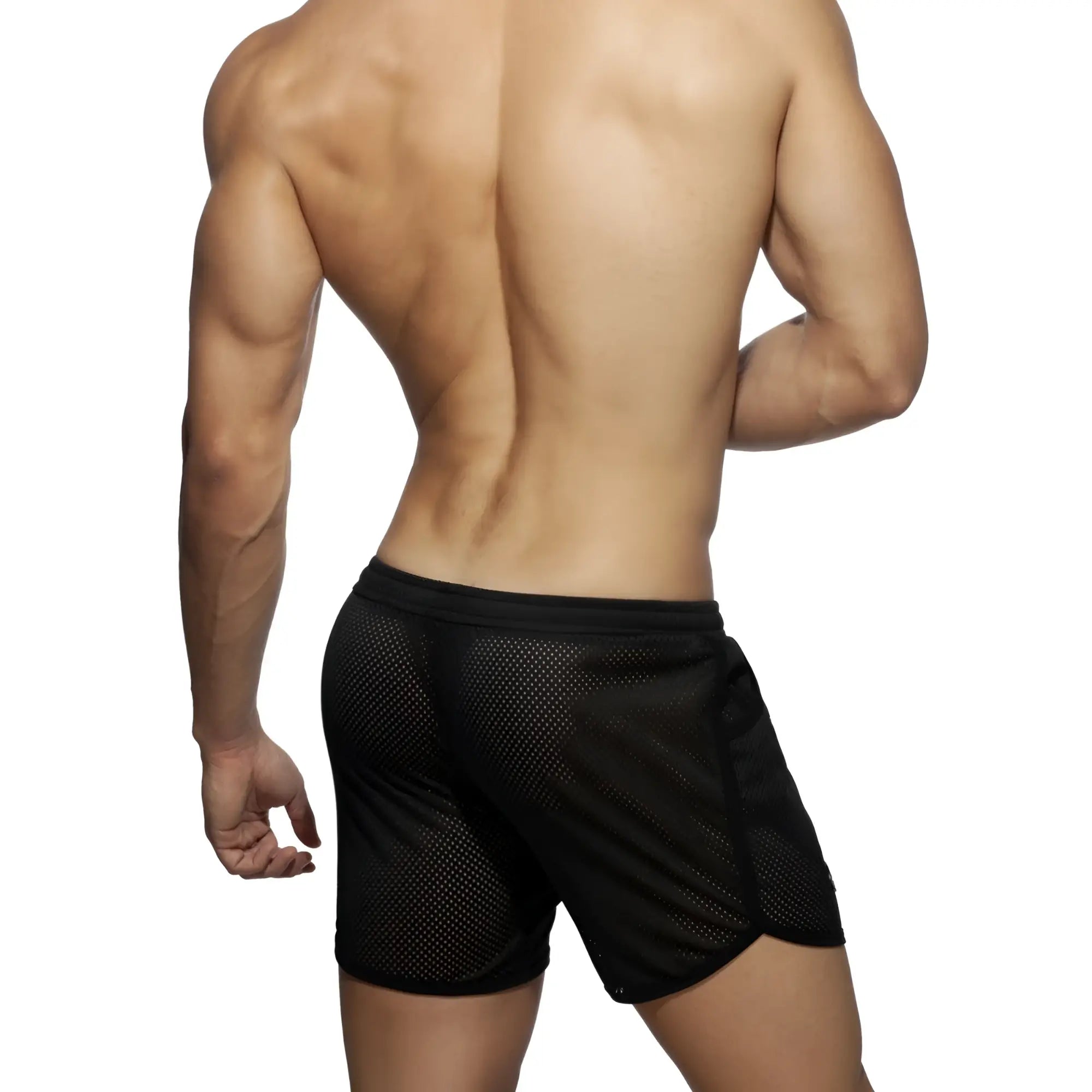 Black mesh athletic shorts pocket long mesh rocky with solid waistband for breathable sportswear use