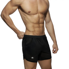 Black pocket long mesh rocky athletic shorts with a subtle logo on the lower left leg made of breathable mesh