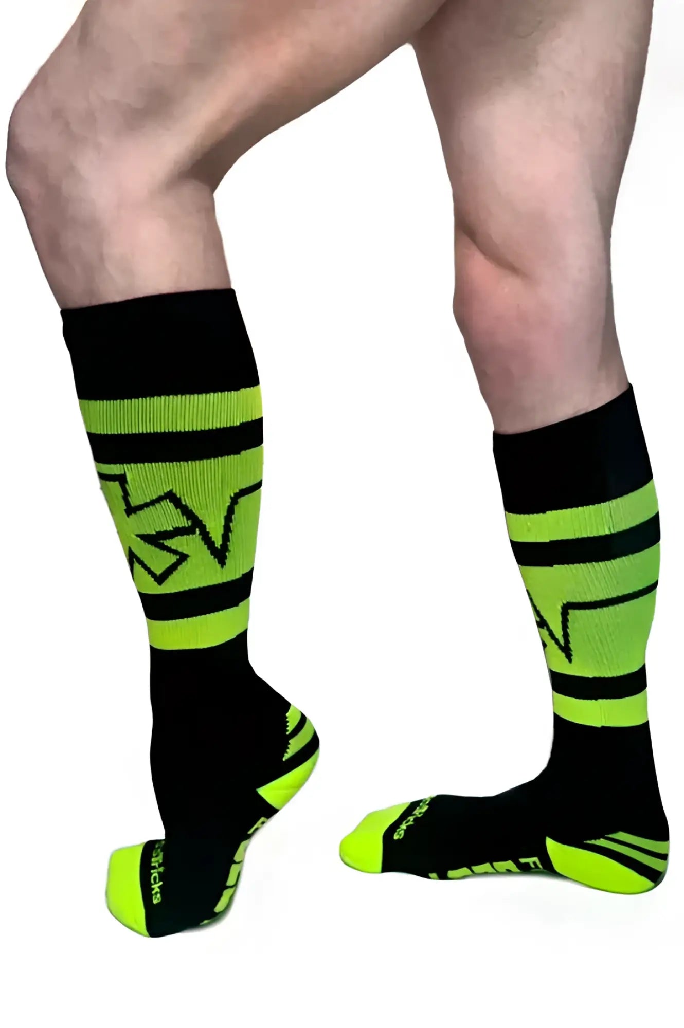 Neon green and black athletic compression pocket socks with bold stripes and stylized logo on the calf back side